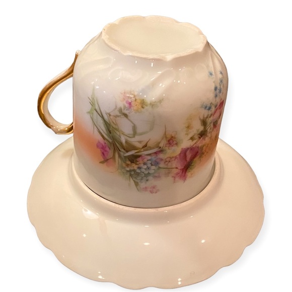 Antique Victorian Hand-Painted Peach Floral XL Shaving Scuttle Mug & Saucer Set - Picture 3 of 12